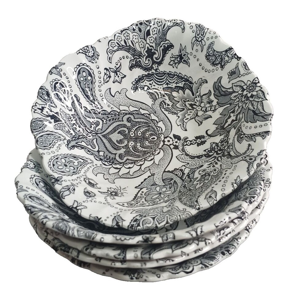5 Johnson Brothers Paisley Black Square Soup Cereal Bowl Vintage 1970s
